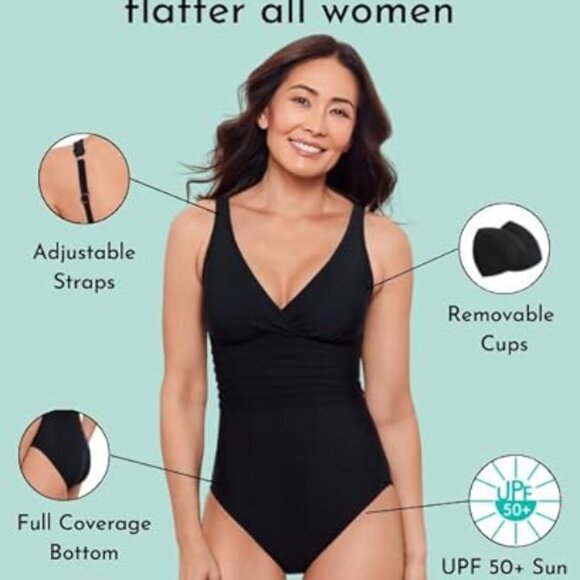 Aqua Women's One Piece Swimsuit Waist Detail Over the Shoulder Black S/M/L/XL - Picture 12 of 15